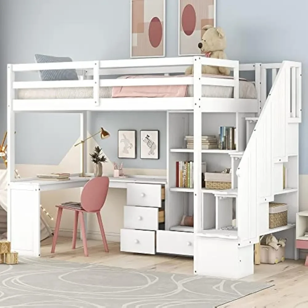 Bunk Beds Twin Loft Bed, Stairs and L-Shaped Desk, Solid Wood Loft Bed Frame with Bookcase and Storage Drawers, Loft Bed