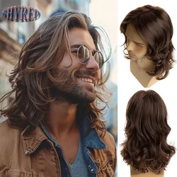 Synthetic Long Curly Wave Brown Wig for Men Daily Cosplay Rock Party Realistic Looking Fake Hair