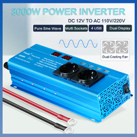 3000W Power Inverter Pure Sine Wave DC 12V TO AC 110V/220V Multi-Socket Converter 50Hz/60Hz LCD Display 4 USB EU/US/Universal