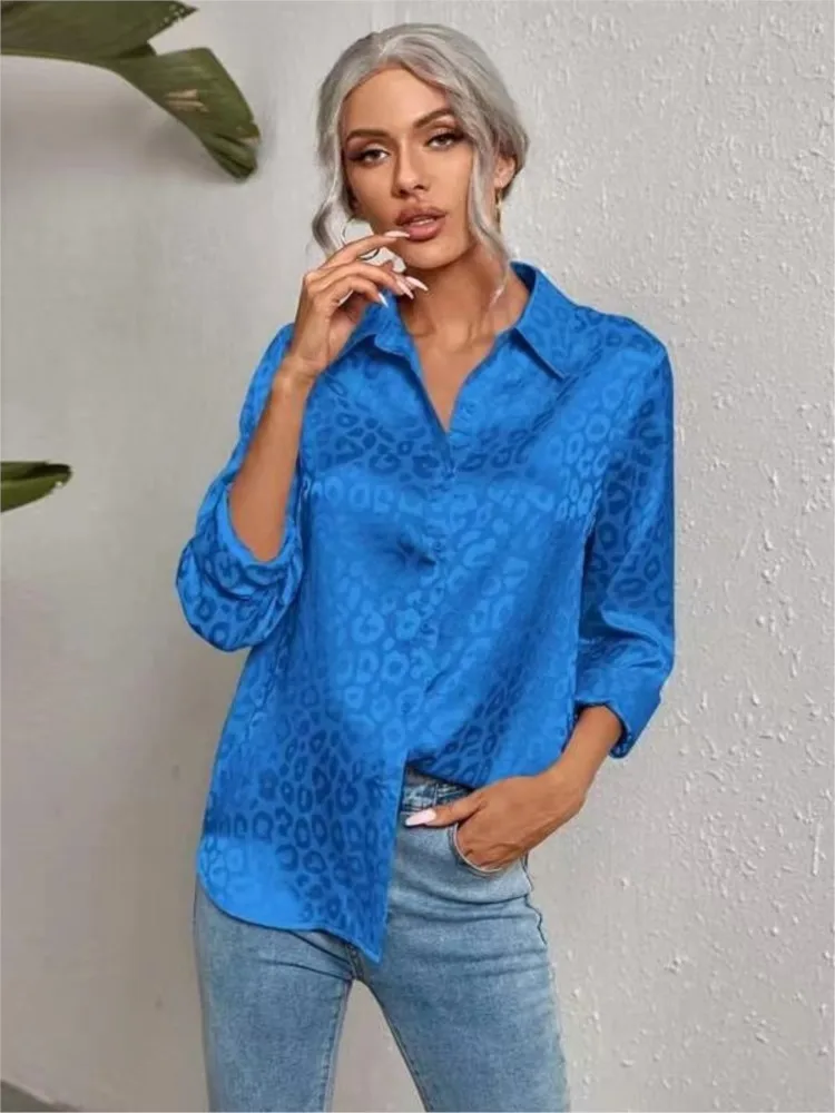 

Women Satin Tunics Harajuku Tops Leopard Print Luxury Long Sleeve Blouse Spring Summer Lapen Vintage Button Up Office Lady Shirt