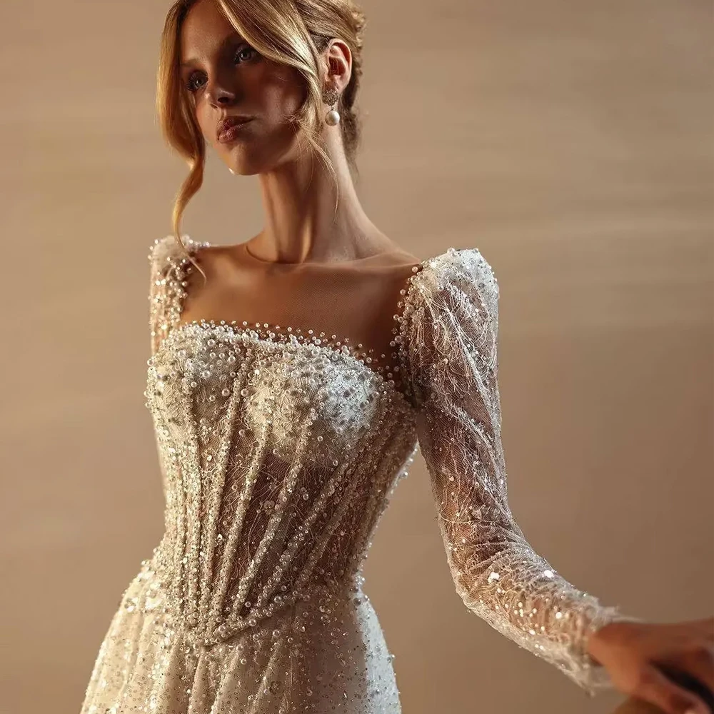 فستان زفاف عصري لامع بأكمام طويلة مخصص للمرأة العروس لؤلؤة الدانتيل مربع ألف خط ثوب الزفاف #3