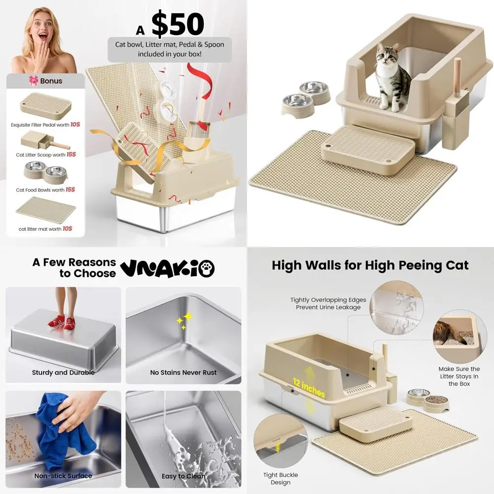 

Large Enclosed Metal Cat Litter Box with Lid for Big Cats - High-Sided, Anti-Leak, Easy Clean, Non-Stick, Includes Scoop (Khaki)