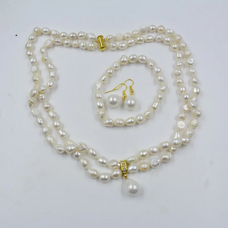 

8 мм AAA Натуральный Белый Жемчуг Барокко Ожерелье Браслет Серьги Набор. Очаровательные свадебные украшения для невесты