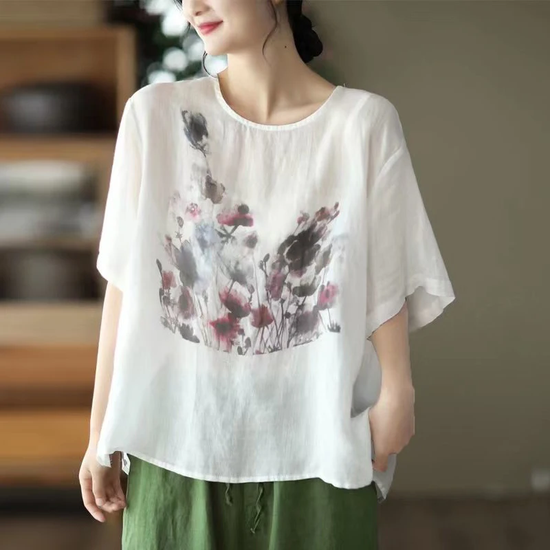 Summer New Fashion Loose Casual Ink Print Cotton Linen T-shirt Ladies Comfortable Short Sleeve Pullover Top Women All-match Tee