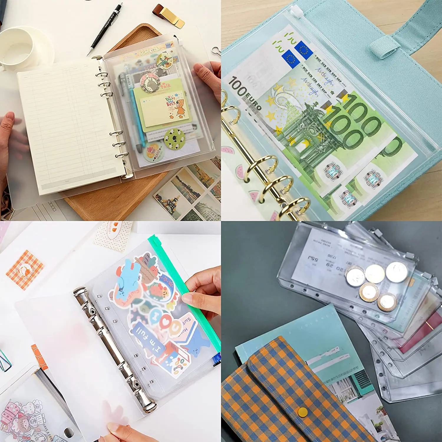 19 Pcs A6 Binder Folder 6 Holes Pvc Transparent Zipper Pockets, Colorful, Card, Waterproof Budget Envelope, for Notebook Planner