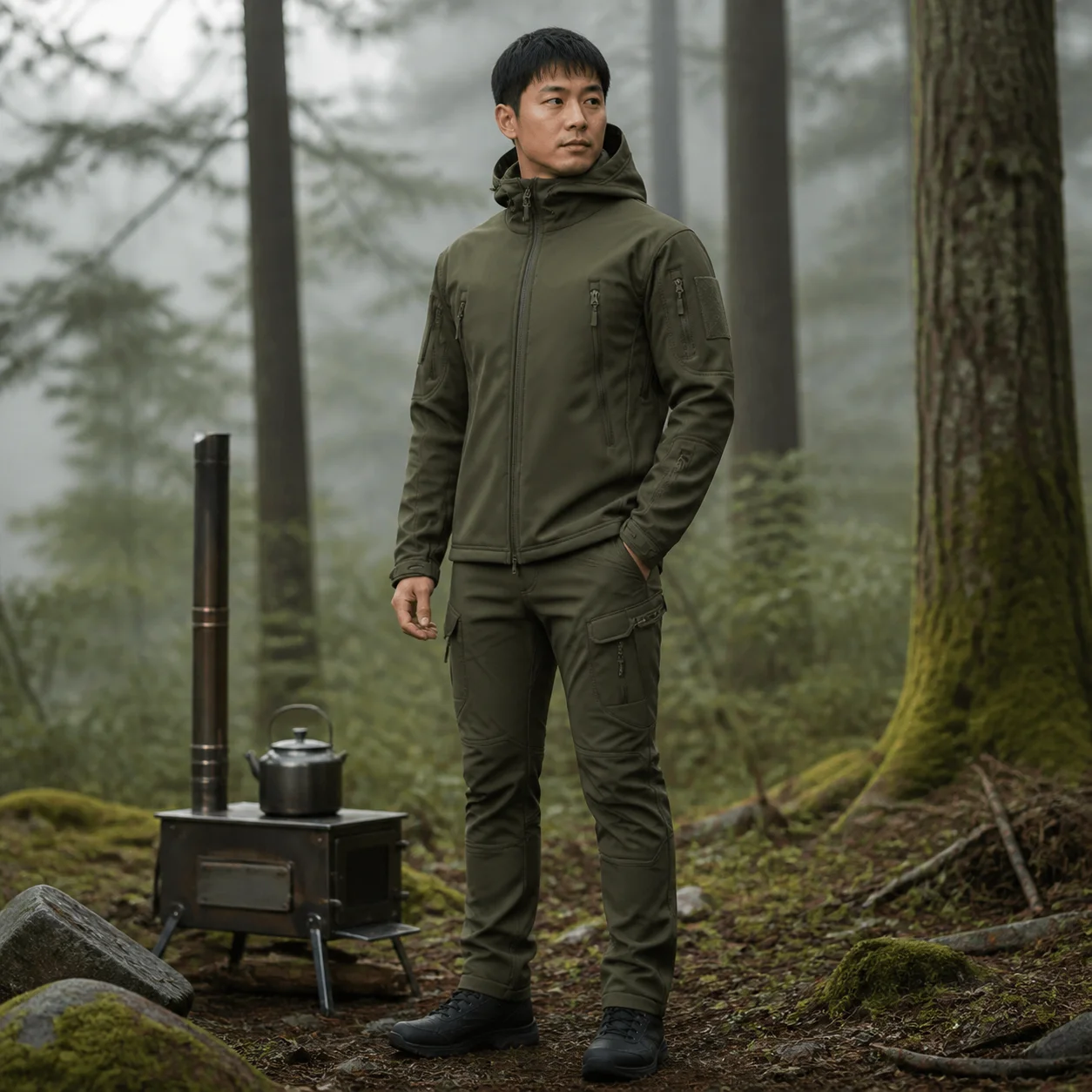 Outdoor Hunting Hoodie - ソフトシェル迷彩ジャケット メンズ 防水 ハンティングウェア 暖かい迷彩柄 タクティカルジャケット
