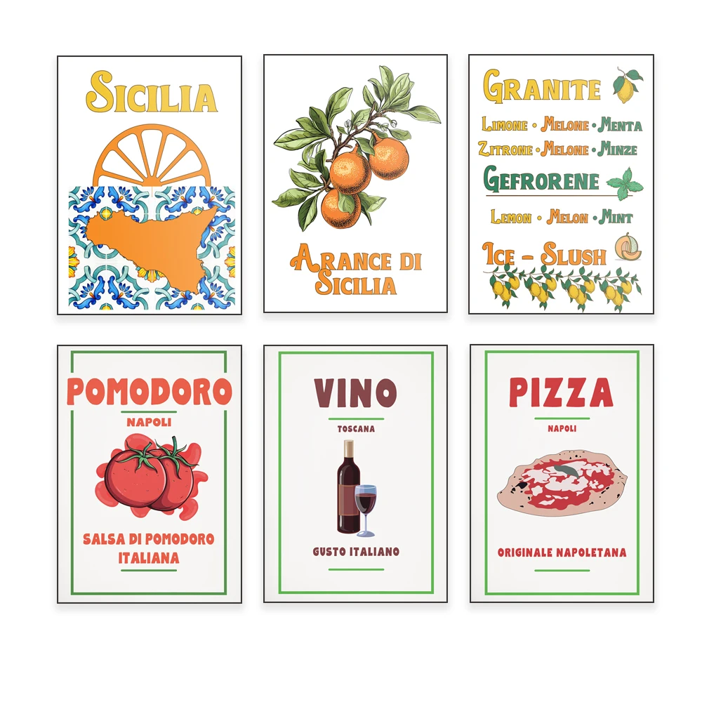 Póster decorativo de cocina retro y elegante con motivos italianos sicilianos: naranja, helado, pizza, pasta, vino, tomate, mozzarella y albahaca.