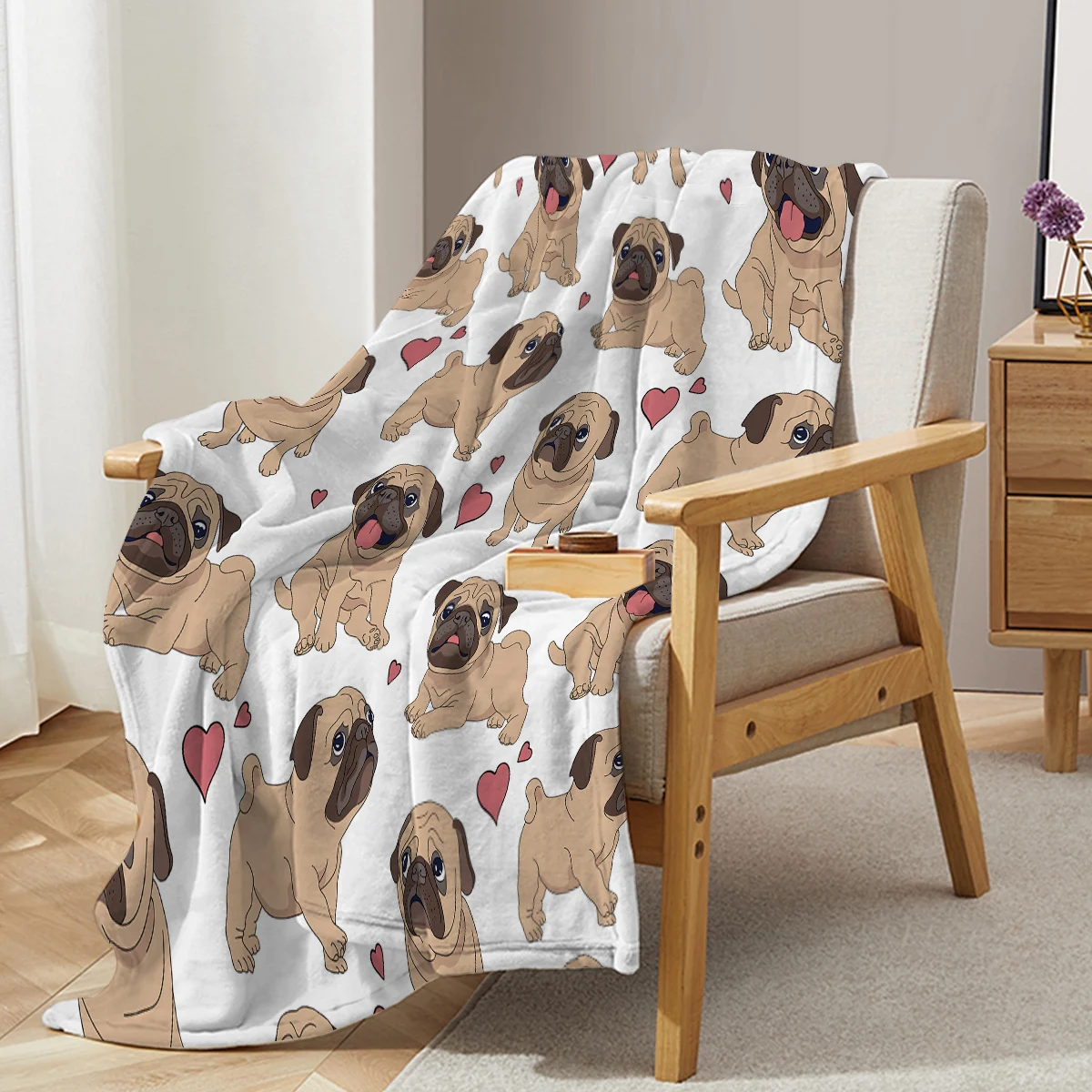 Coperta Pug per bambini adulti cani carini con cuori rossi coperta da tiro coperta accogliente per divano letto soggiorno