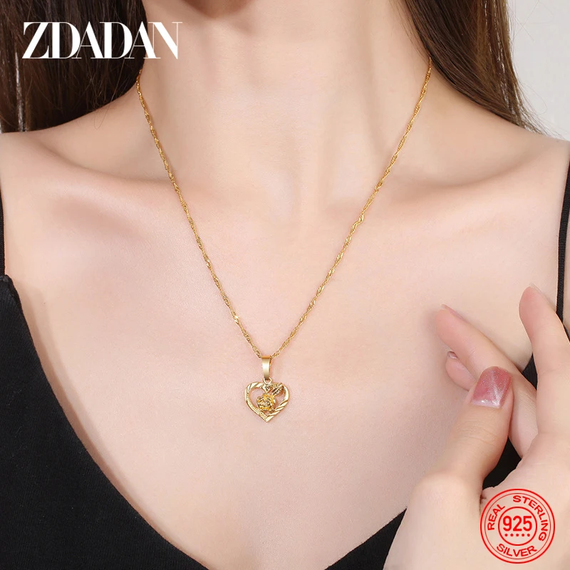 ZDADAN 925 Sterling Silver Gold Heart Necklace Chains For Women Fashion Jewelry