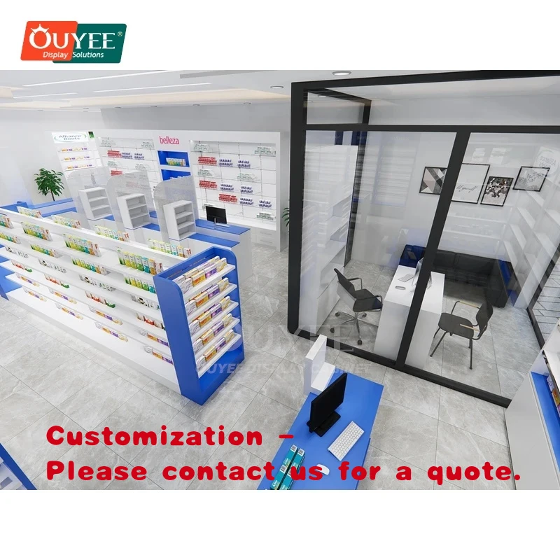 custom.Oem Wall Display Pharmacy Renovation Multi Layer Wood And Metal Modern Pharmacy