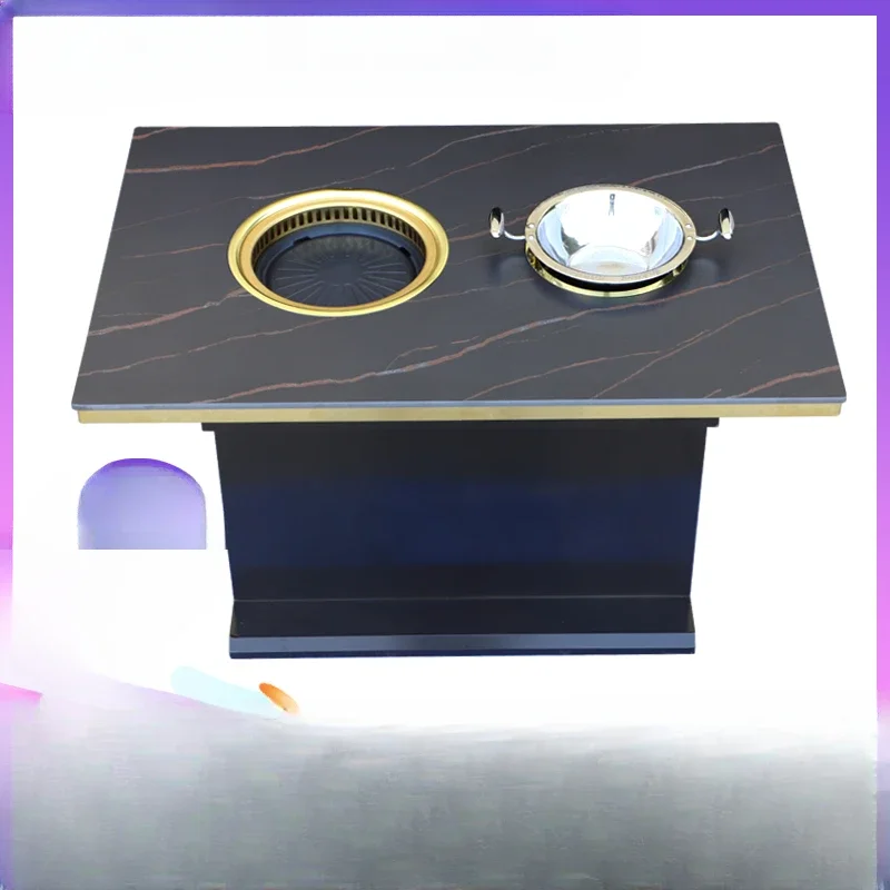 Support customized marble rock plate stainless steel barbecue hot pot table, smokeless induction cooker integrated table