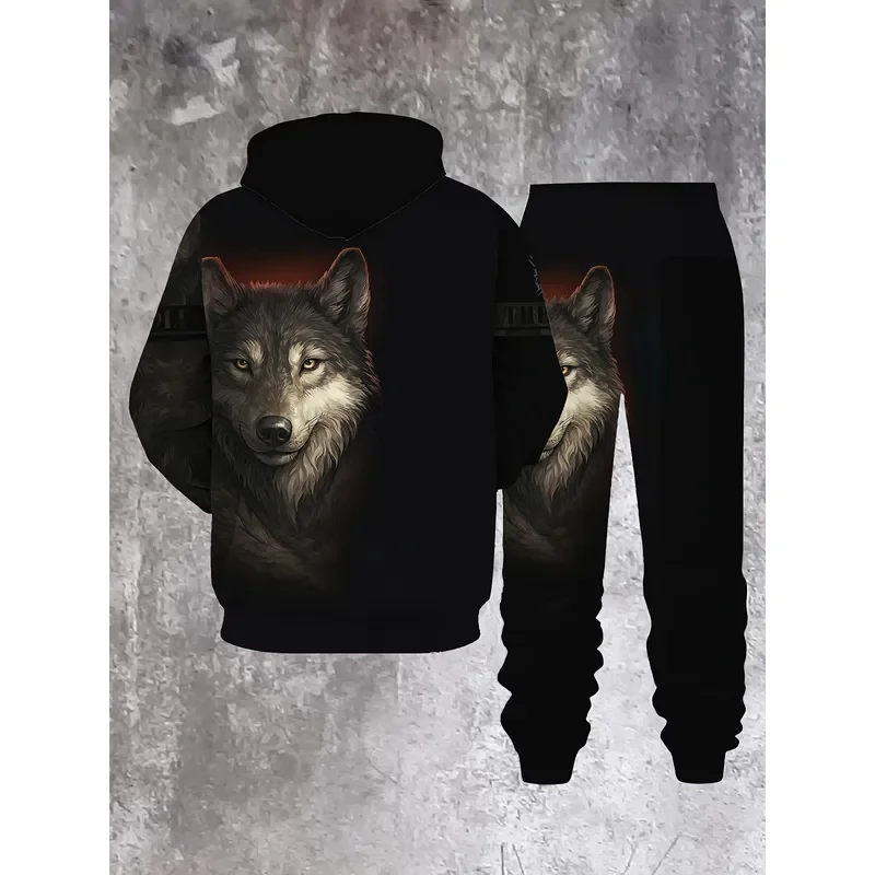 Men's Fashion Sweater Set Wolf Pattern Design 3D Printed Casual Sports Set 2-piece Machine Washable view 3
