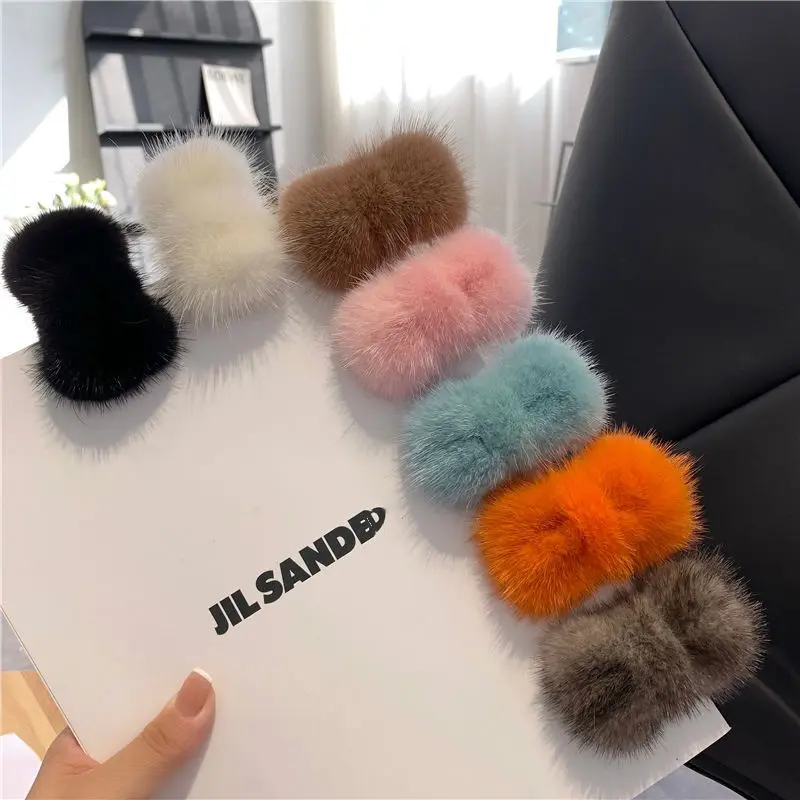 

Luxury Real Mink Fur Hair Larg Bowknot Hairpin Side Clip Net Red Cute Olush Fur Headdress Shiny Hair Scratch Accessories Gifts