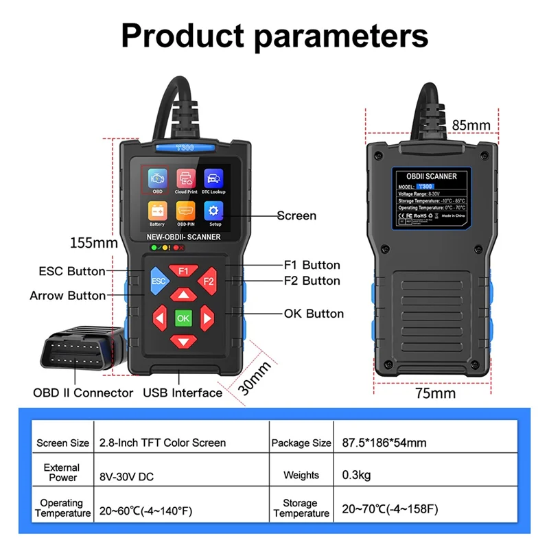 أداة تشخيص الماسح الضوئي T300 Obd2، جهاز اختبار بطارية السيارة للسيارات والشاحنات، فحص قارئ رمز المحرك، كاشف أخطاء السيارة #6