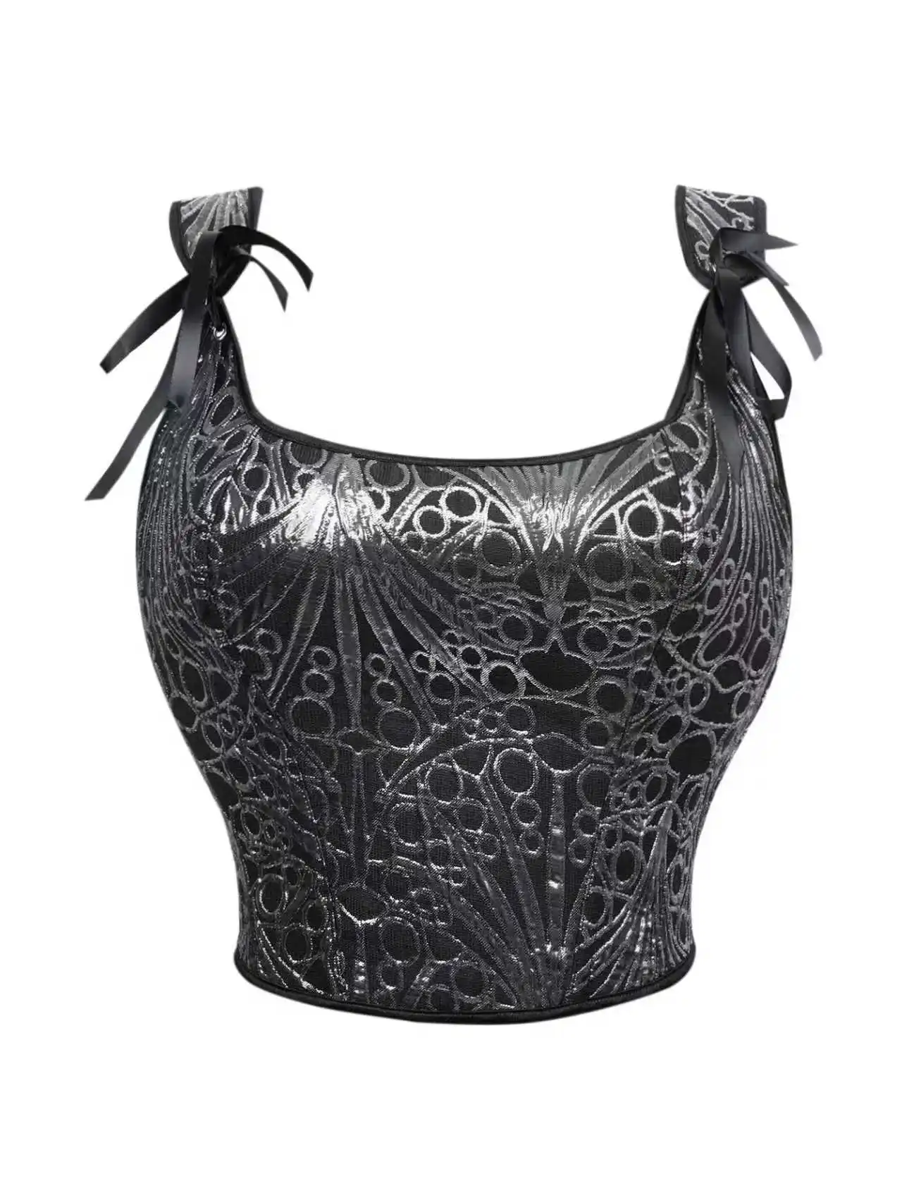 Black Geometric Jacquard Corset Top with Shoulder Ties & Back Lace-Up, Boned Waist Cincher Bustier for Women
