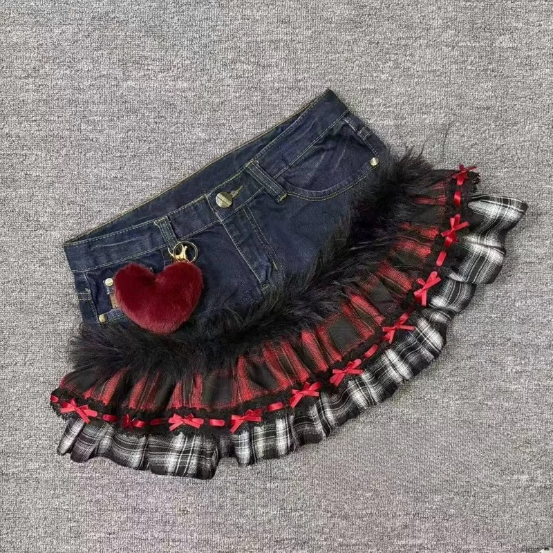 Damen Blau Schwarz Nieten Gürtel Denim Rock Y2K Harajuku High Street Fashion 90er Jahre Sexy A-Linie Minirock Sommerkleidung 2026 Neu