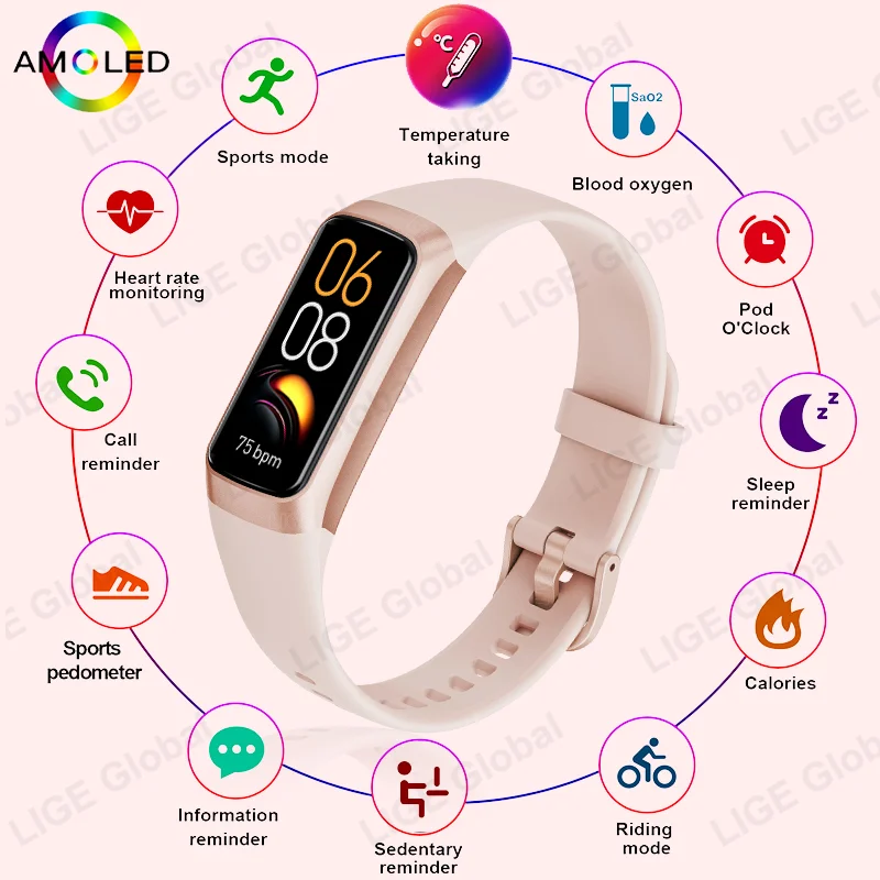 Relógio Inteligente LIGE AMOLED para Homens e Mulheres, Smartband com Monitor de Frequência Cardíaca e Temperatura, Pulseira à Prova d'Água, Rastreado