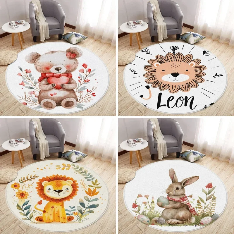 Cartoon Lion Love Bear Round Rug Living Room Decoration Rabbit Bear Forest Animals Bedroom Rugs Home Mats Washable Leisure Rugs