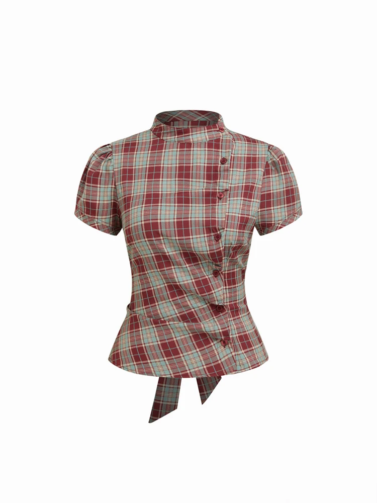 

Retro contrasting plaid stand up collar short sleeved shirt with women's waist cinched and bubble sleeves, slim fit and slimming