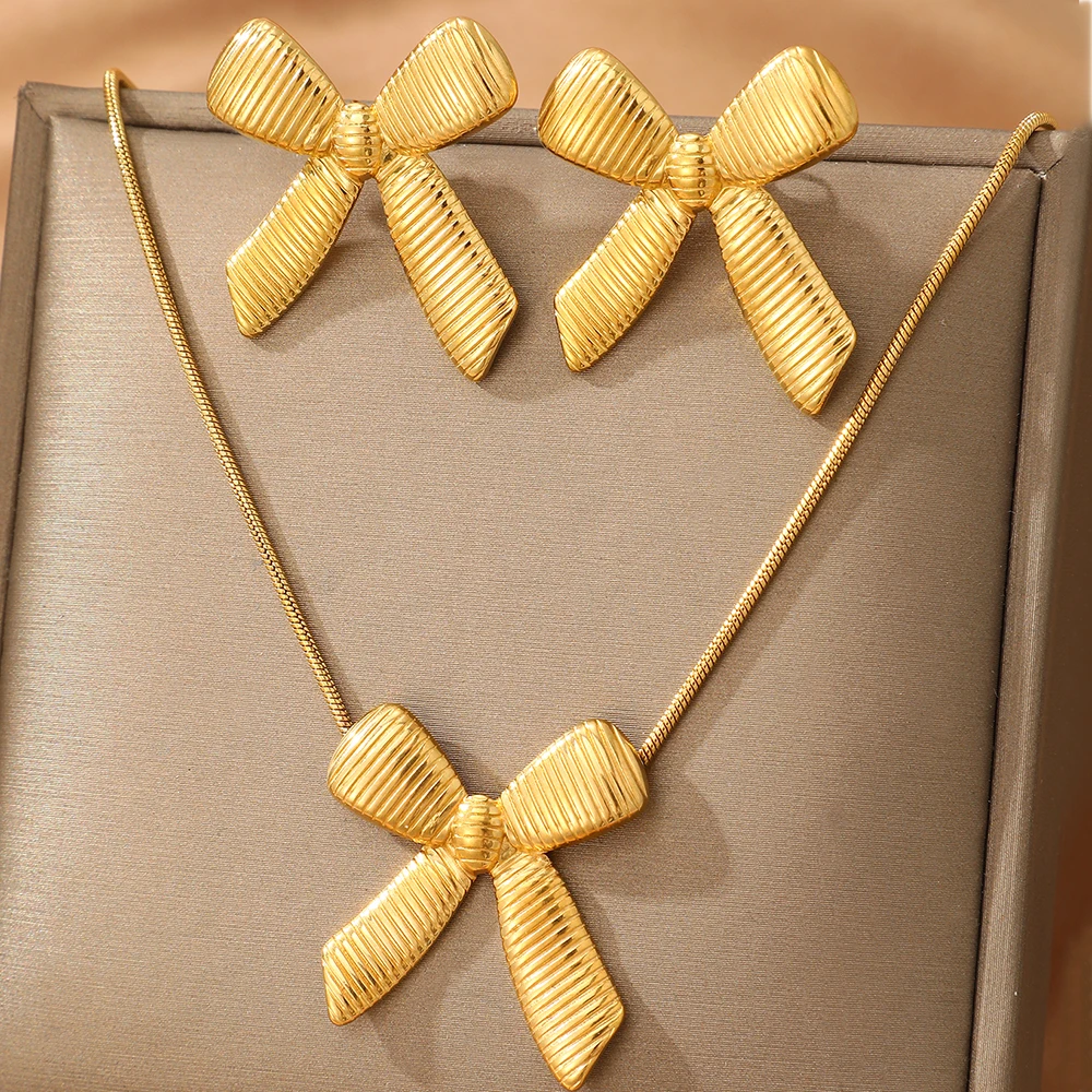 Stainless Steel Set Small Delicate Unique Bow Line Textured Necklace Earrings Two Piece Set For Women Jewelry Party Accessories