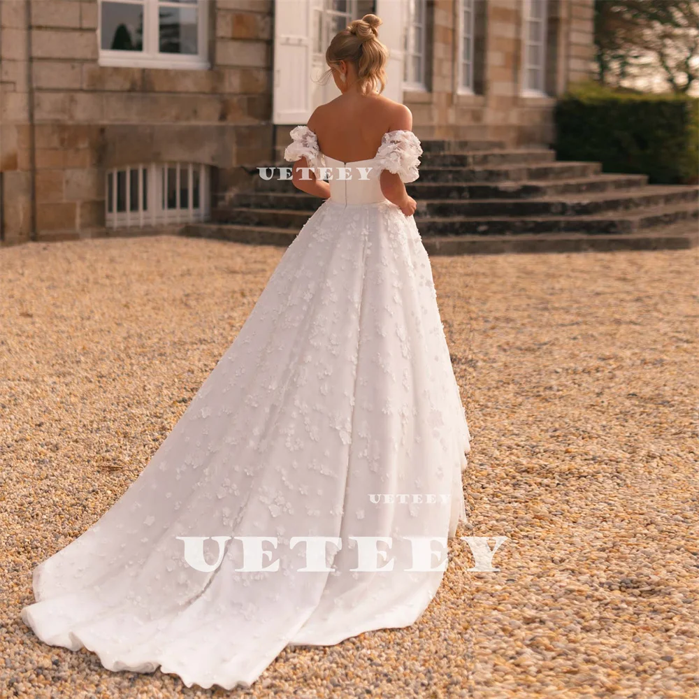 UETEEY Customized Princess Sweetheart Detachable Sleeve Crepe A Line Wedding Dress Flower Zipper Back Court Train Bridal Gown