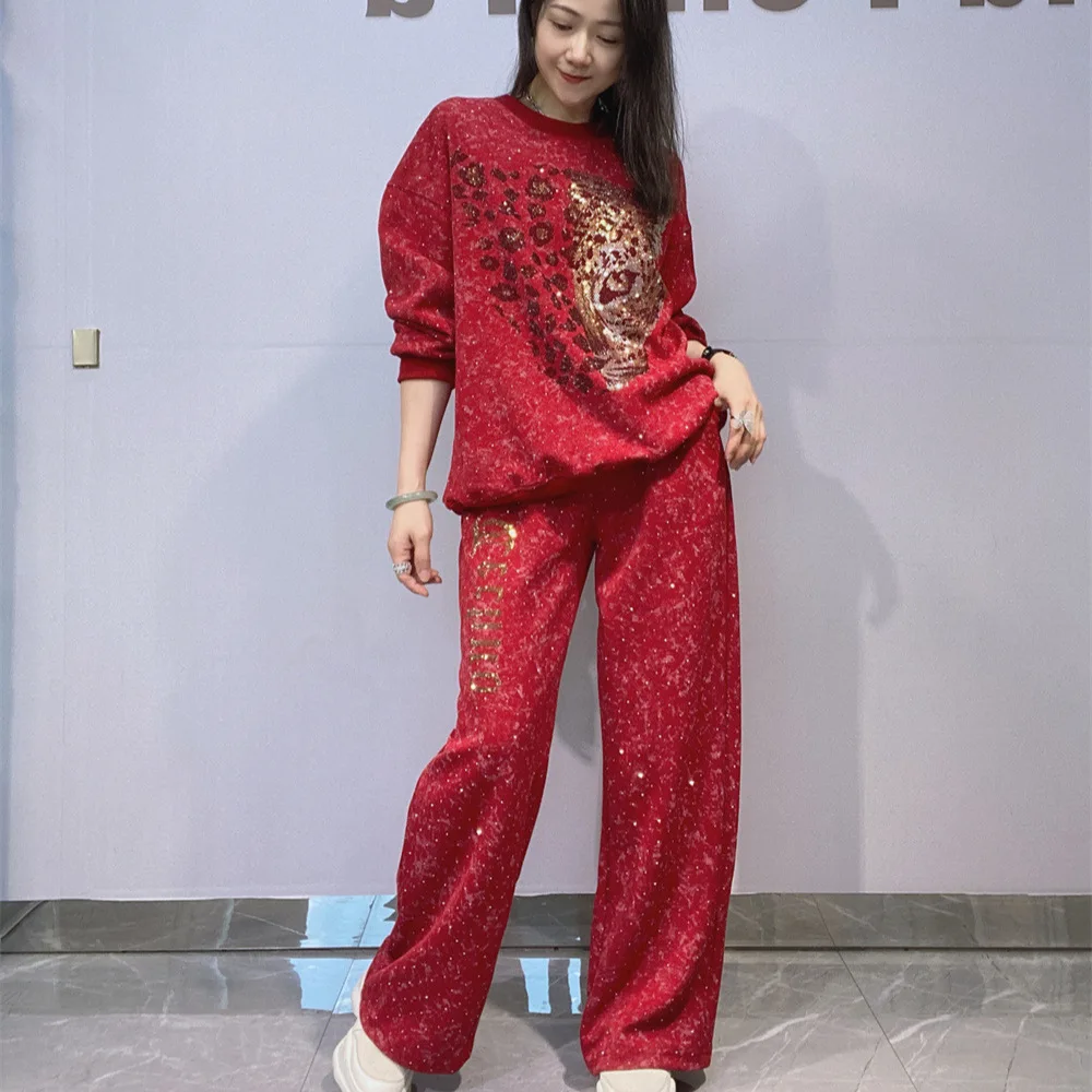Oversized Two Piece Sets Womens Outifits Cartoon Leopard Diamonds Casual O Neck Tie Dye Tops and Pants Knitting Women Tracksuit