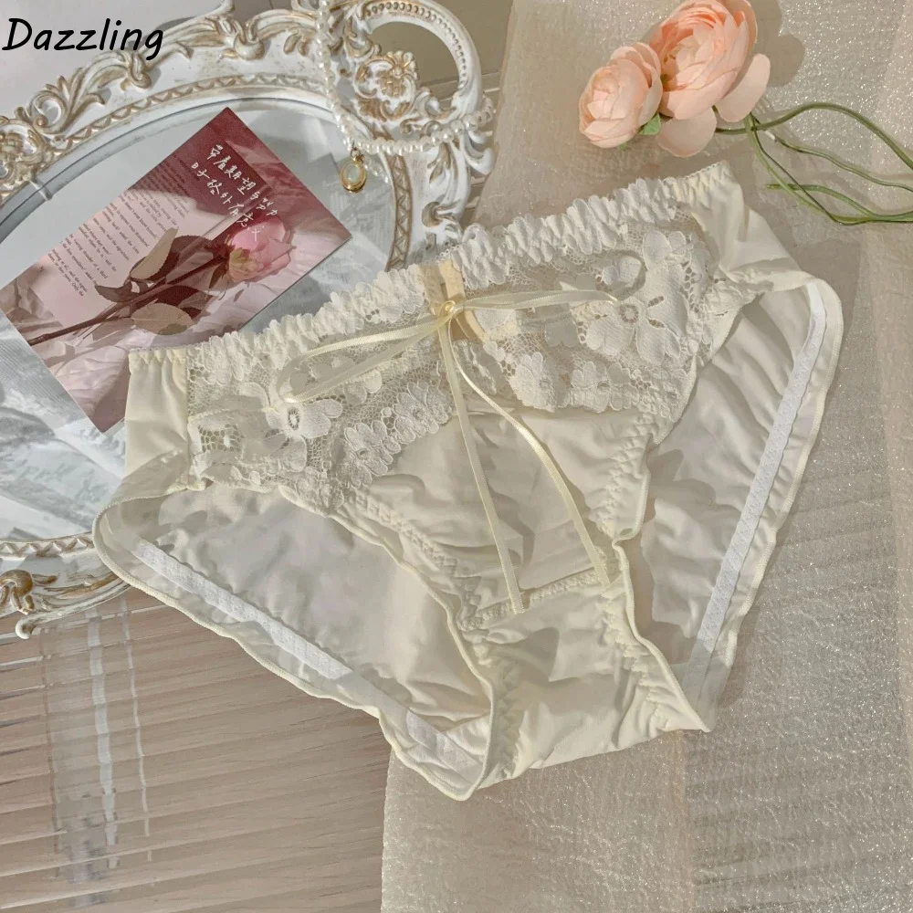 

Comfortable Low Waist Mesh Lace Panties Ruffle Sweet Underwear for Women French Style Lingerie Lace Bow Briefs Lady