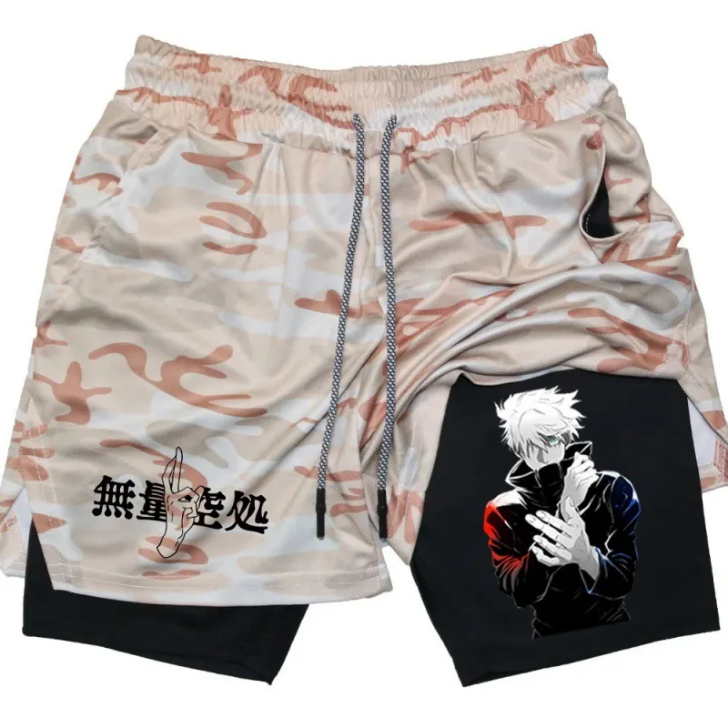 

Мужские двухслойные спортивные шорты с аниме-принтом для многофункциональных тренировок, быстросохнущие спортивные штаны с подкладкой для полотенец