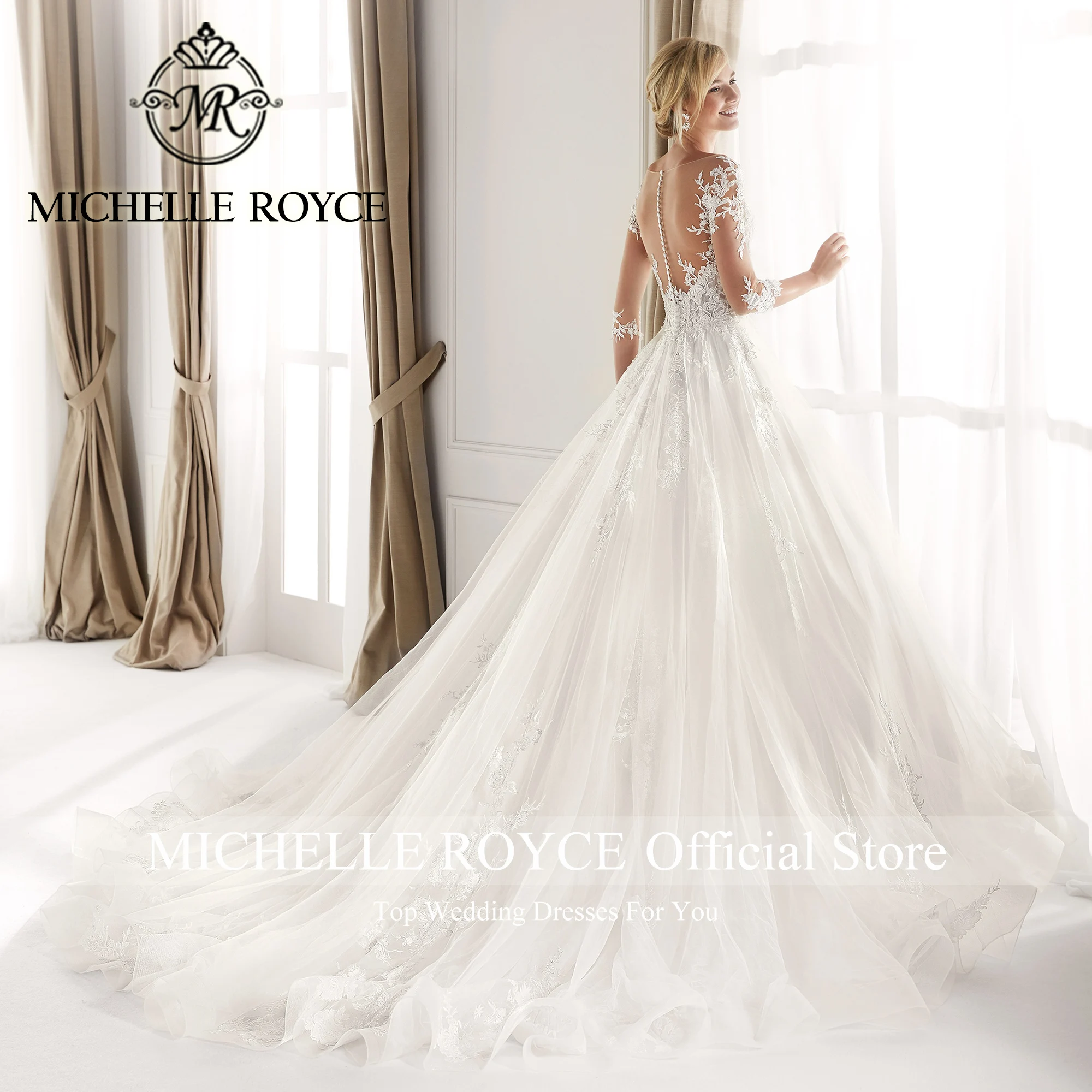 Michelle Royce Ball Gown Wedding Dress Sexy Sweetheart Backless Half Sleeve Button Court Train Wedding Gown Vestidos De Novia