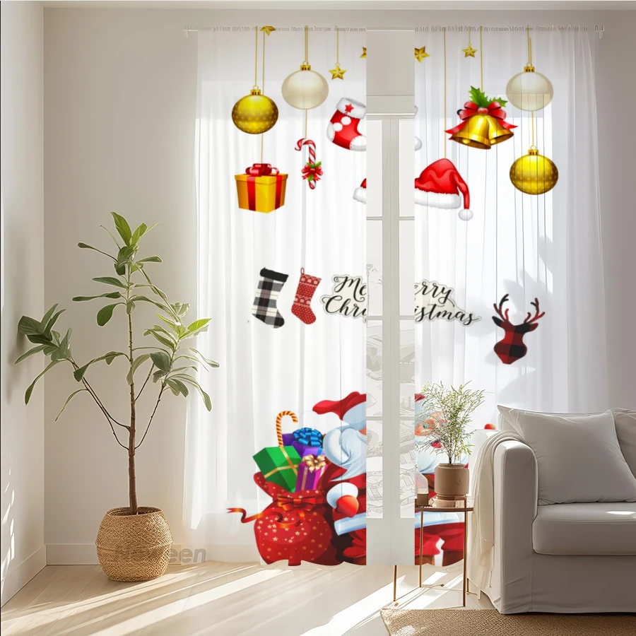 2PCS Christmas Sheer Curtains, Ornament Gift Box Believe, Digital Print, Bedroom Living Room, Rod Pocket Polyester, Home Decor