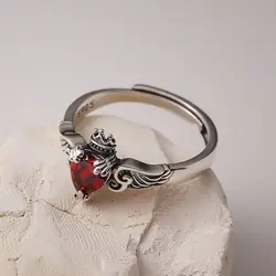 Vintage 925 Sterling Silver Wing Crystal Heart Finger Ring Open Silver Rings For Women Wedding Luxury Fine Jewelry Brand Gift