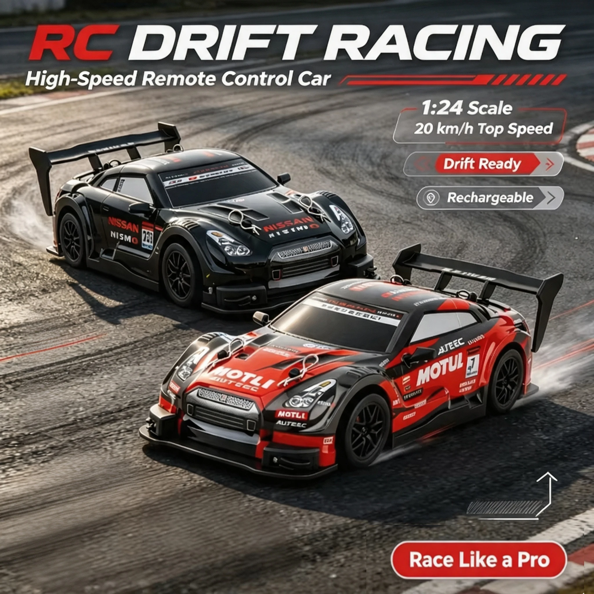 4WD remote control car RC Drift 1:24 high-speed drift car with LED lights remote control toy for boys and girls, children's gift