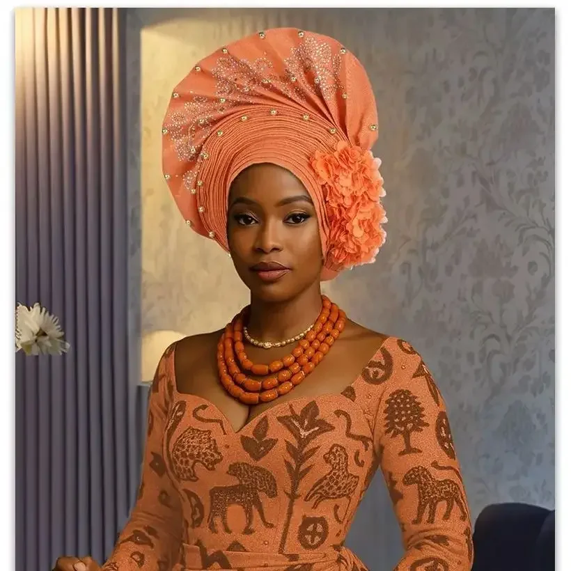 

Already Made Turban Cap Women African Aso Oke Auto Gele Headtie Muslim Hijab Hat Head Wrap Nigeria Party Wedding Headwear Bonnet