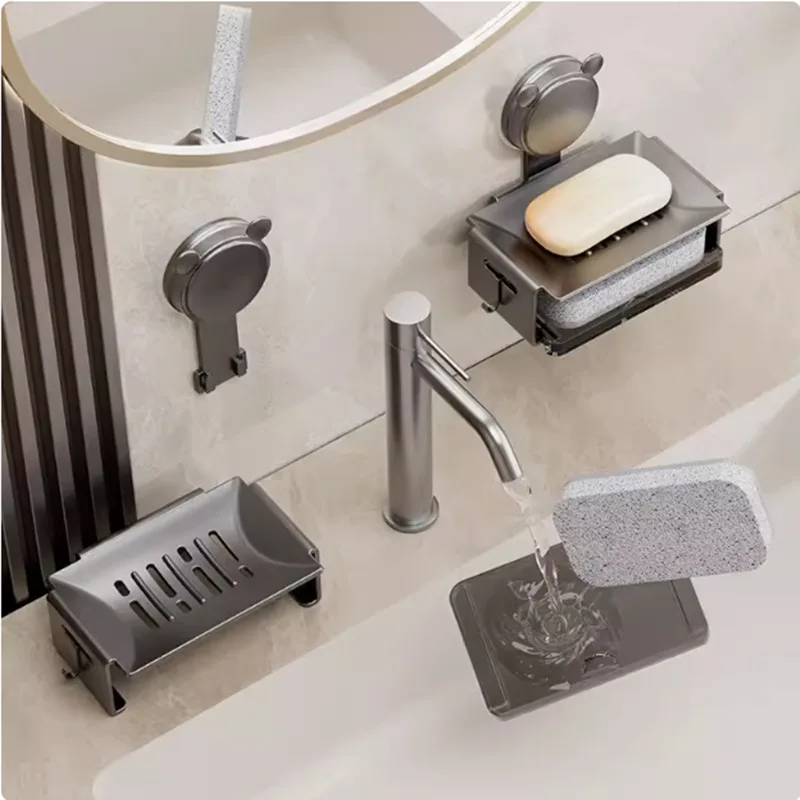 Punch-free Aluminum Alloy Suction Cup Soap Holder Double-layer Selfdraining Soap Sponge Storage Shelf Kitchen Bathroom Organizer