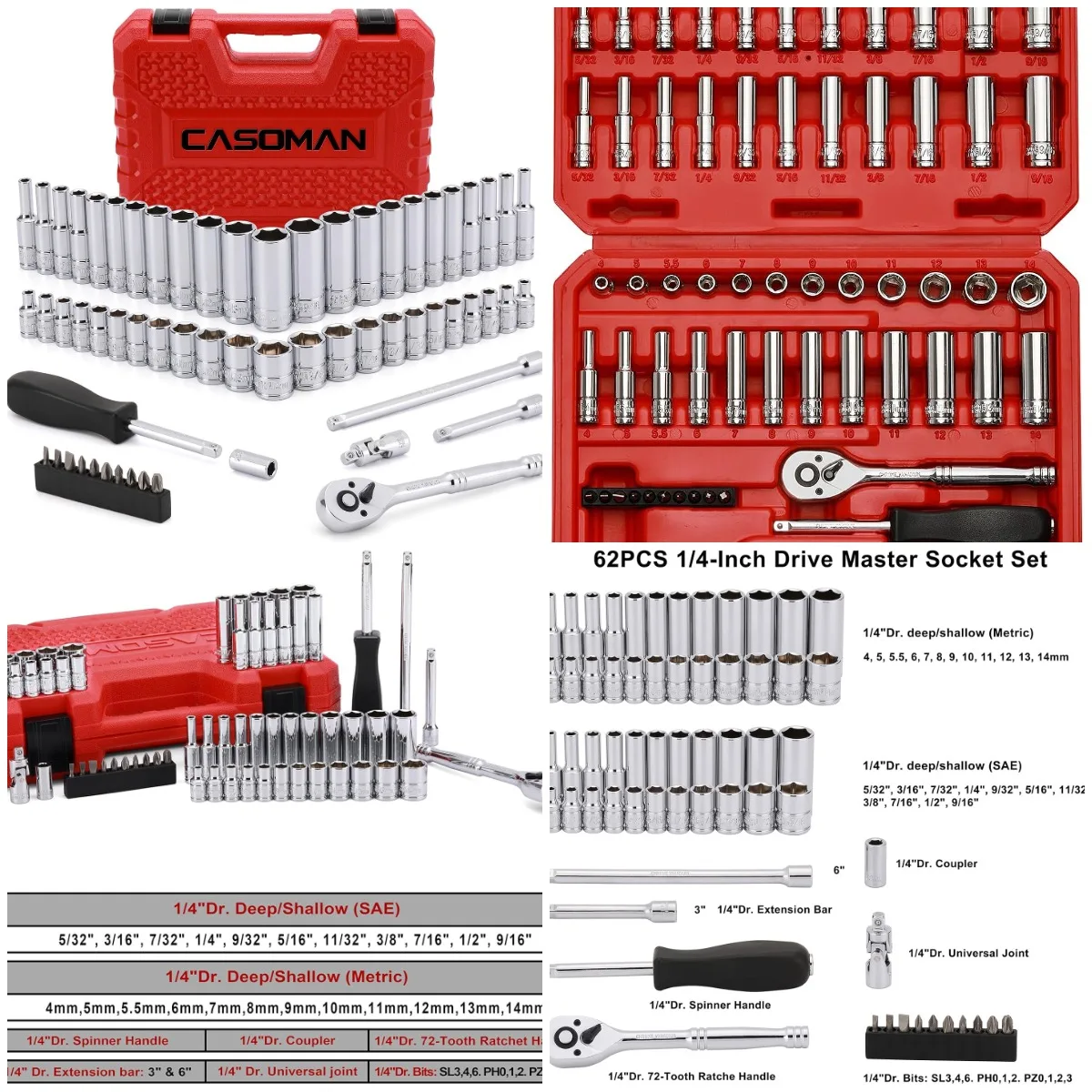 

1/4-Inch Drive Socket Set with Ratchets, 62-Piece, Inch/Metric, 6-Point, 5/32-Inch - 9/16-Inch, 4 mm - 14 mm