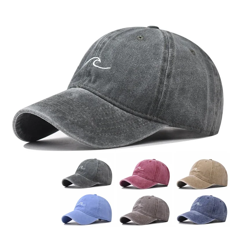 

Wave Ripple Embroidery Baseball Cap Solid Color Washed Cotton Dad Hats Simple Vintage Hip Hop Hats For Women Men Snapback Caps