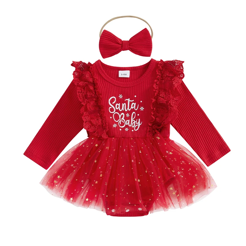 Newborn Girl Christmas Romper Dress Lace Ruffle Long Sleeve Ribbed Santa Baby Stars Tulle Tutu Bodysuit Xmas Dresses Headband