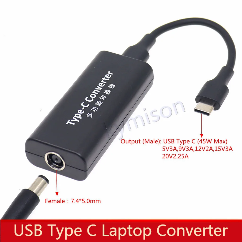 Laptop Power Jack Connector Dc Adapter Charger Converter for Macbook HP 7.4x5.0mm Female to USB Type C Adaptor Male 45W