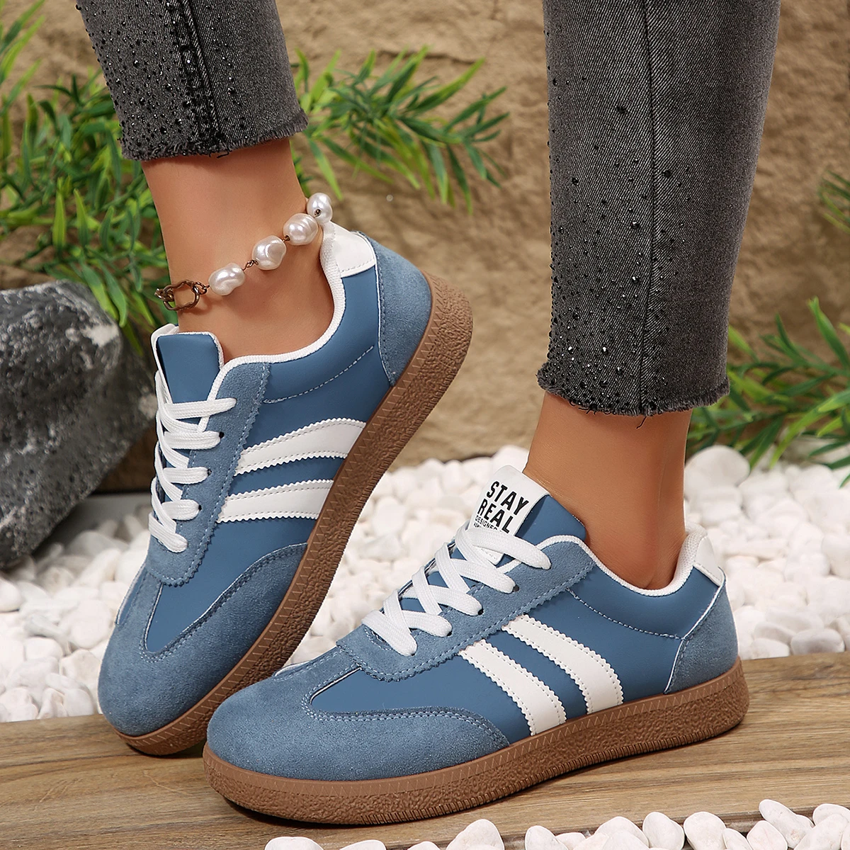 Leichte, bequeme Sneaker für Damen, modische gestreifte Schnürschuhe, lässige, atmungsaktive grüne Sneaker in großen Größen – Detail 10