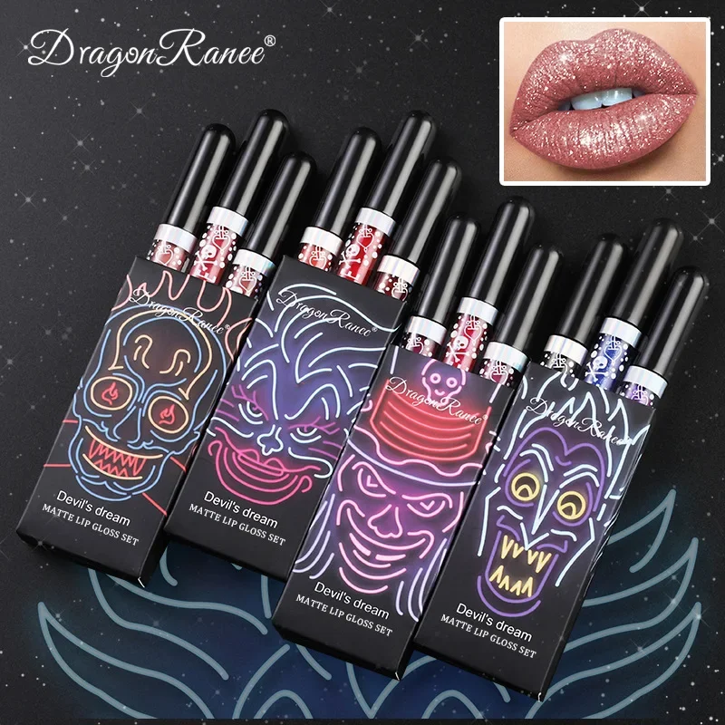 3 stks/set Diamond Glitter Vloeibare Lipstick Set Waterdichte Langdurige Sexy Rode Zwarte Lippen Halloween Shimmer Lip Make-Up Cosmetica