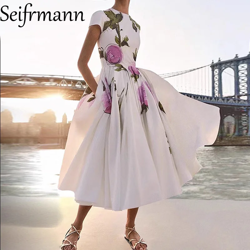 

Seifrmann Fashion design O-Neck Short sleeve Women's Casual Dress Floral-Print Slim-Fit Beach Party Summer Cotton Pleated Dress