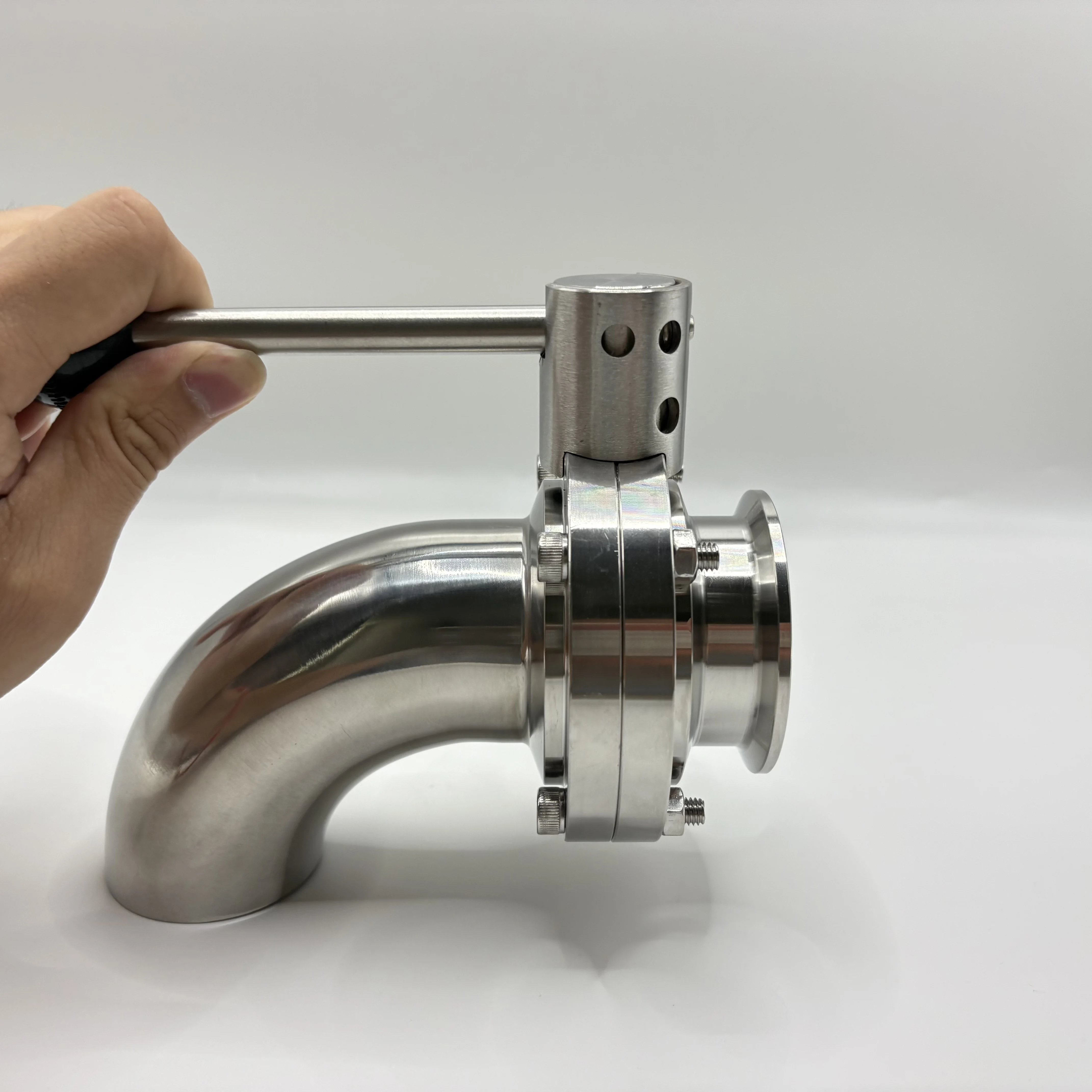 Customized Hygienic Grade Dairy Food Stainless Steel 304 316 Sanitary Welded Manual TC Tri-Clamp Welded Elbow Butterfly Valve