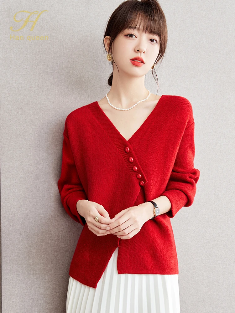 H Han Queen 2024 Winter Loose V-Neck Irregular Thick Knitted Cardigan Sweater Women Simple Basic Long Sleeve Casual Sweater Top