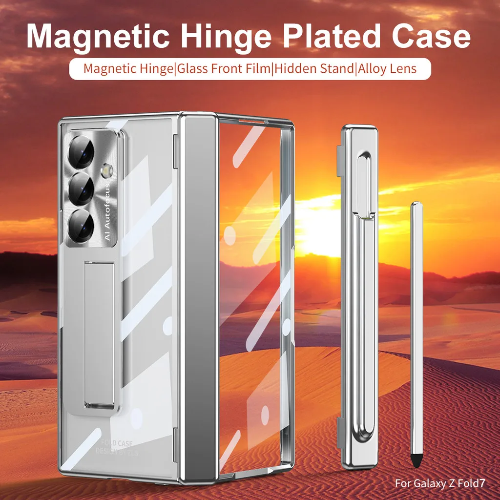 

For Samsung Galaxy Z Fold 7 6 5 4 3 Case With Touch Pen Plating Clear Magnetic Screen Protector Tempered Hinge Folding Cover