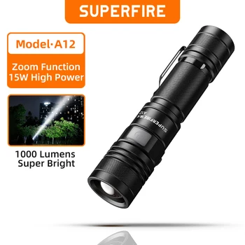 SUPERFIRE A12 ไฟฉาย LED ที่มีประสิทธิภาพ USB C ชาร์จ Zoomable 18650 EDC ไฟฉาย 5 โหมด Camping โคมไฟตกปลา