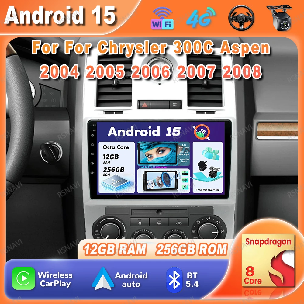 Radio de coche Android 15 para Chrysler 300C Aspen 2004 2005 2006 2007 - 2008 DSP RDS QLED Multimedia inalámbrico Qualcomm 8 Core IPS