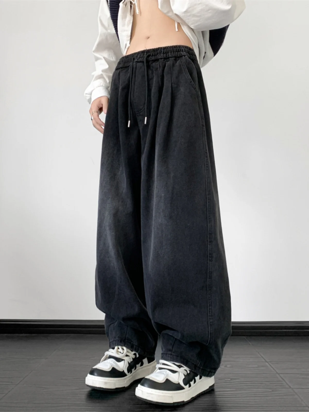 

American Sle Casual Vintage Waed Wide Leg Jeans Men's Loose Straight Long Pants Youth mid Waist No Stretch Denim Jeans