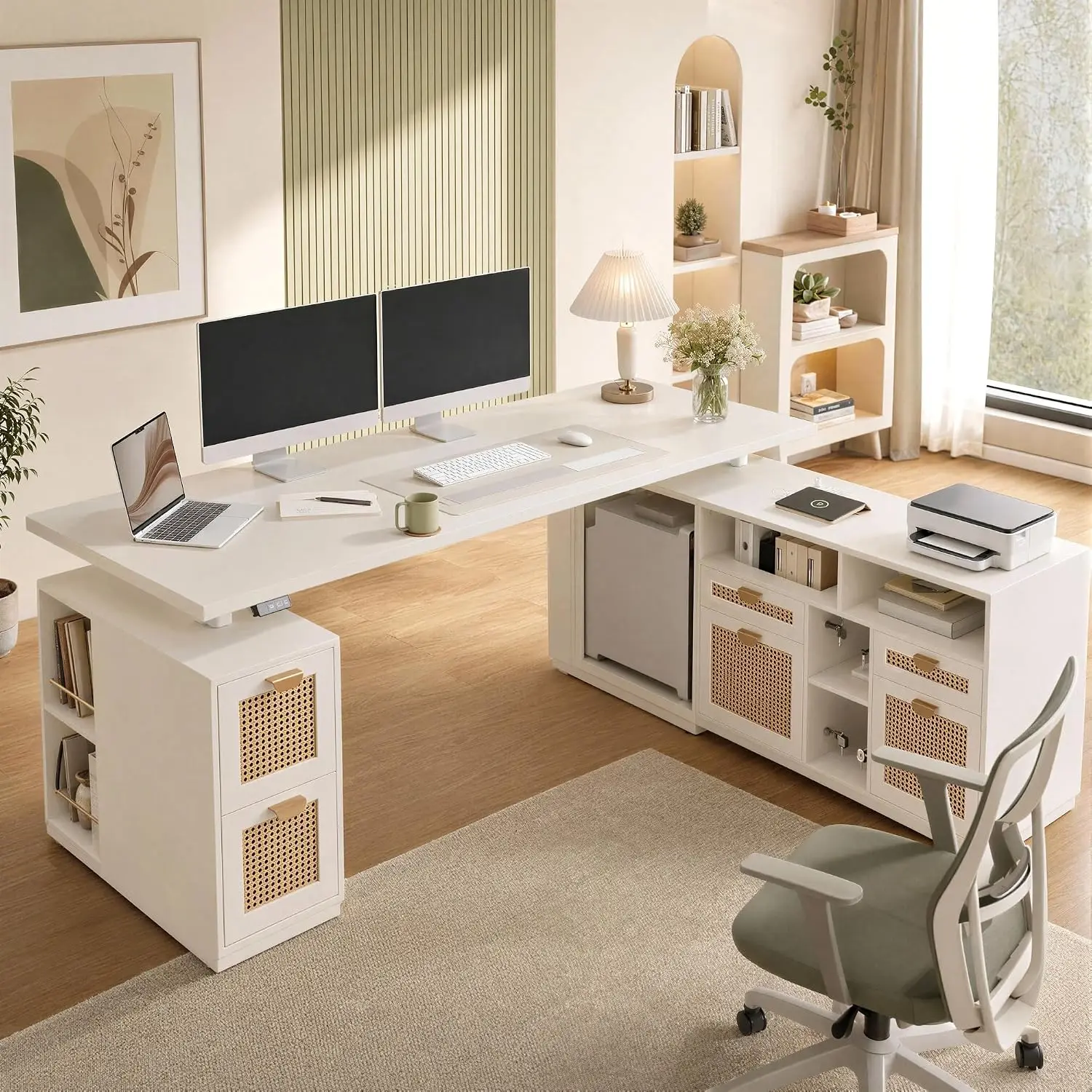L Shaped Electric Standing Desk with 4 Drawer File Cabinet, Customized