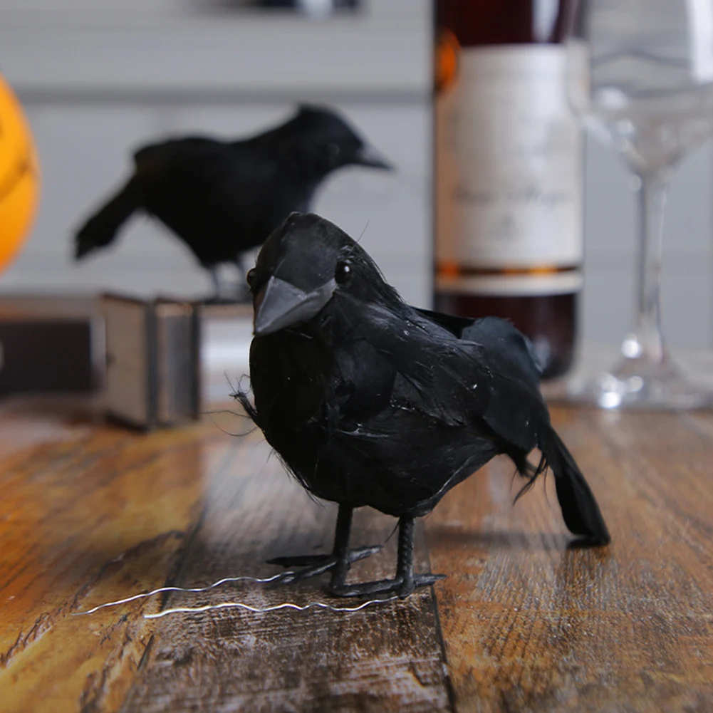 Figurines de bureau de corbeaux d'halloween, corbeaux à plumes noires multifonctions, atmosphère Festive, accessoires de décoration de maison hantée réalistes