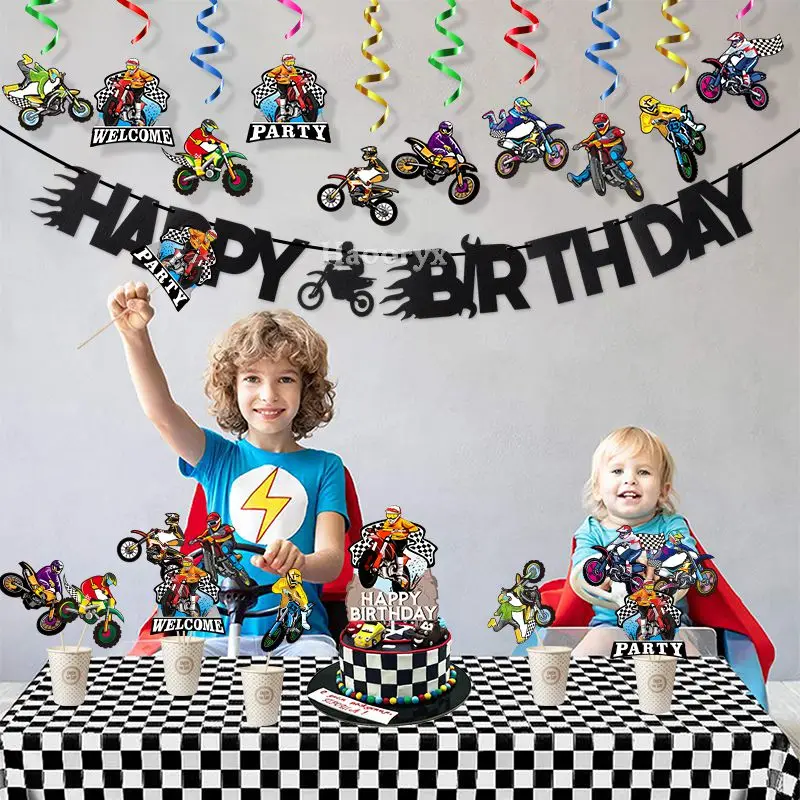 42Pcs Dirt Bike Return Party Decoration Kit Teens Favor Happy Birthday Banner Motorcycle Cake Topper With Swirl Hanging Supplies